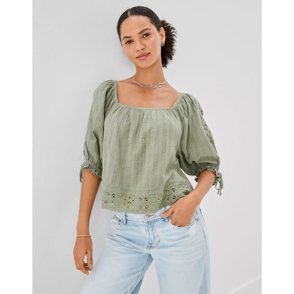 American Eagle Wide Neck Puff-Sleeve Olive Green Eyelet Puff-Sleeve Blouse Large - Picture 1 of 9